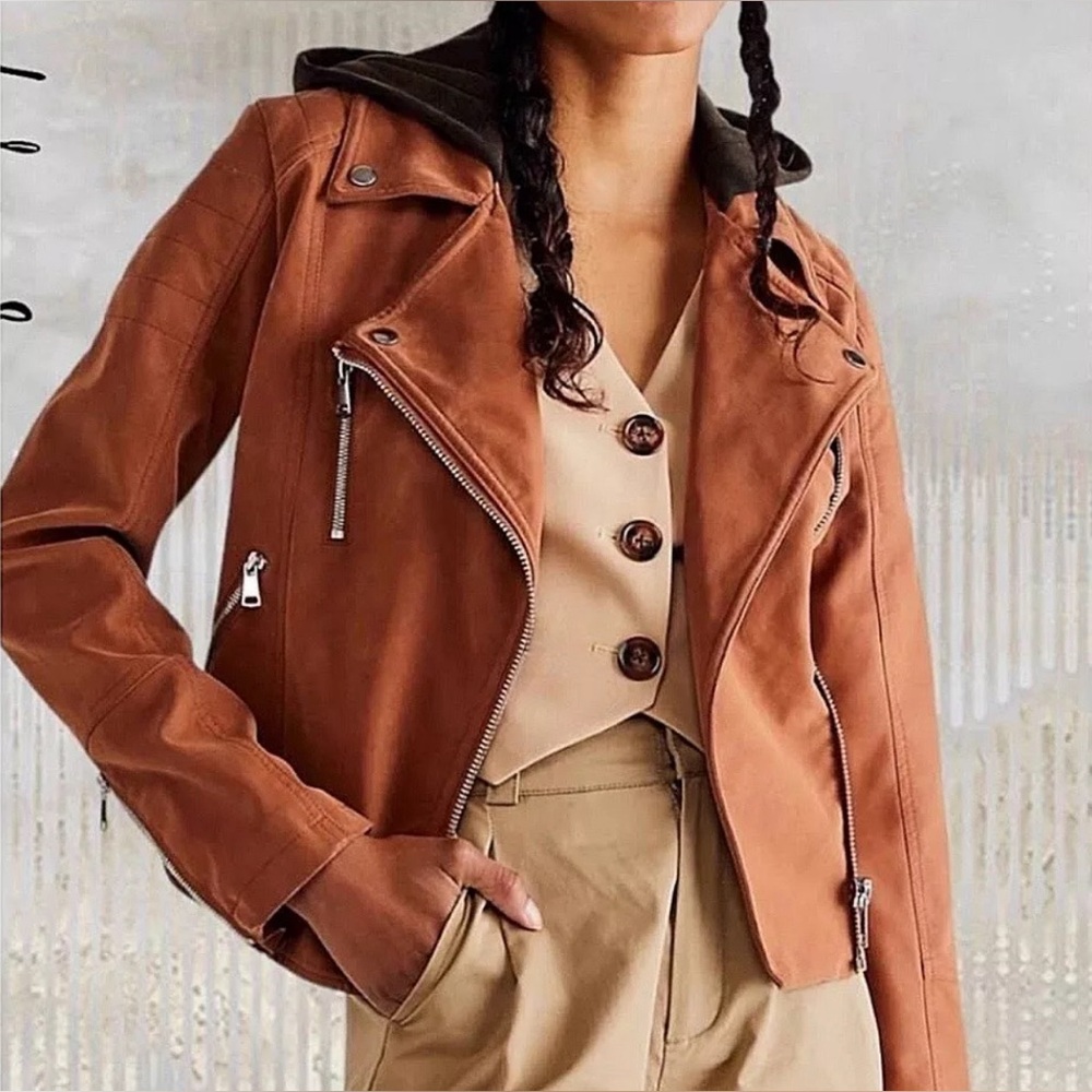 Free People Lg Harriet Hooded Vegan Leather Moto Jacket Chocolate